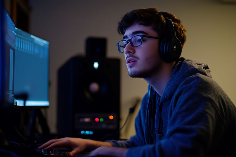 Student recording a podcast in a media lab.