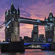 View of a bridge in London, with a colorful sky