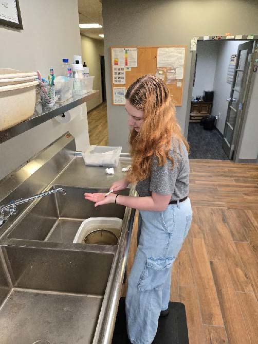 Sophie White at lab sink.