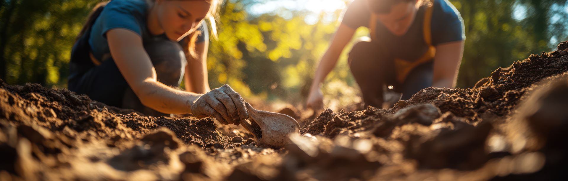 Archaeologists at Work: Unearthing Ancient Artifacts and Discovering History on a Dig Site with Sunlight.