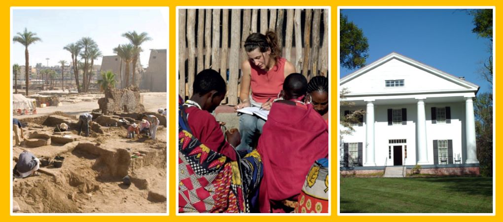 Collage featuring an archaeological dig site, an anthropologist working with a local community, and a historic building.