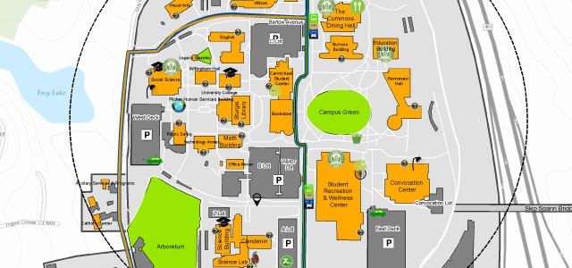 Campus map highlighting buildings, green spaces, and parking areas.