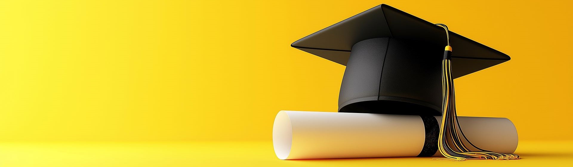 Graduation hat with diploma and books against a yellow background.