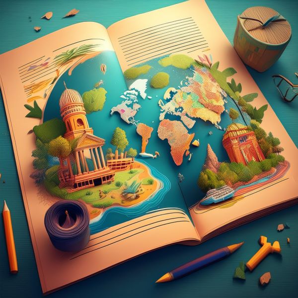 An open book with a colorful illustration of a map and buildings.