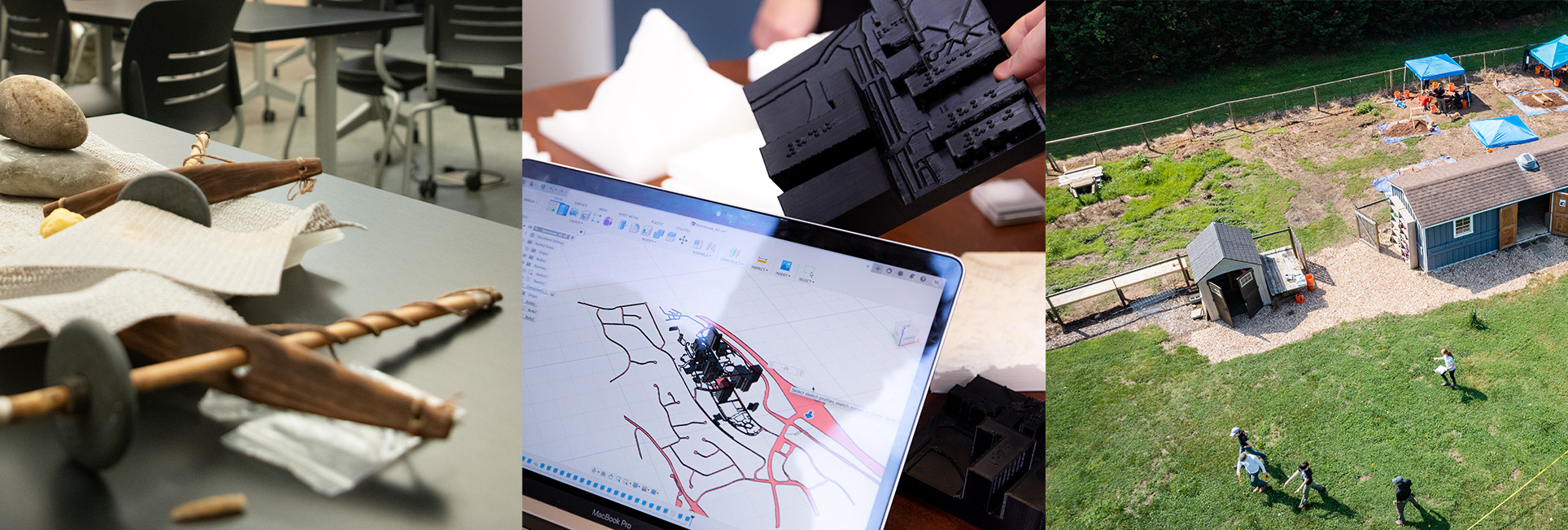 Three panel image depicting research in anthropology, geospatial sciences, and geography.