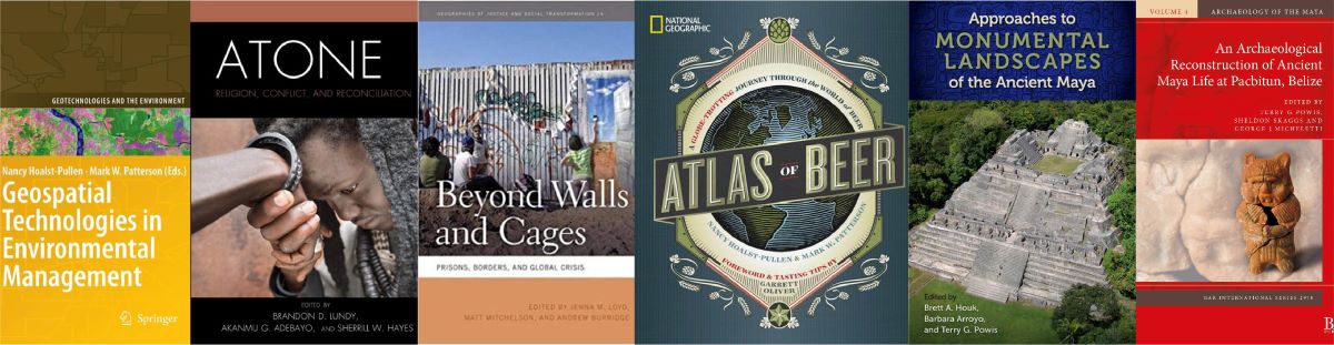 A horizontal row of six book covers, each displaying unique titles and images. Themes include environmental management, reconciliation, borders, beer, Mayan landscapes, and archeology. The covers exhibit a mix of photos, illustrations, and text, each visually distinct in color and design, conveying academic and cultural themes.