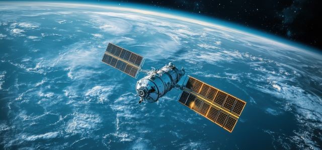 View of a Futuristic Earth Satellite Orbiting in Space with Solar Panels.