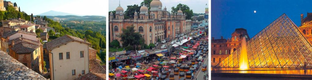 Images showcasing diverse architectural styles and a bustling city environment.