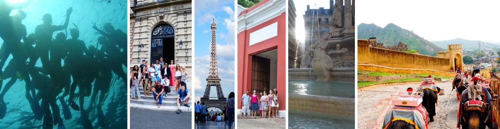 A collage featuring people swimming, a fountain, the Eiffel Tower, and animals transporting people and goods.