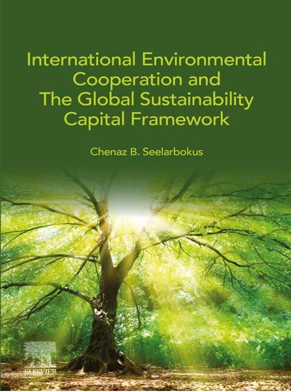 A vibrant green book cover with an image of a sunlit tree, rays shining through branches. Title: "International Environmental Cooperation" by Chenaz B. Seelarbokus.