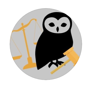  Graphic of a black owl perched next to a golden balance scale and gavel on a gray background.