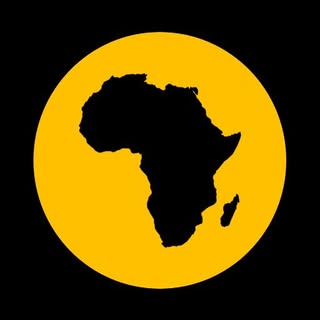 Silhouette of the African continent in black centered on a yellow circle with a black background.