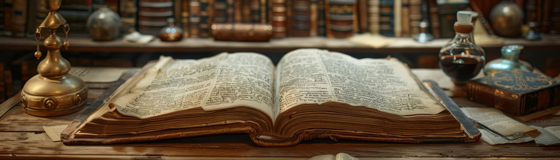Old open book on a wooden desk surrounded by antique objects and books