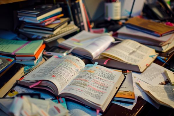 A pile of books on top of a cluttered desk