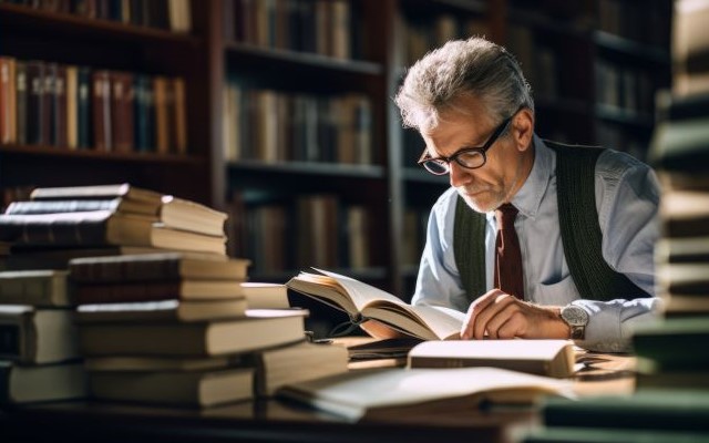 Professor reading a book, surrounded by piles of books in a library