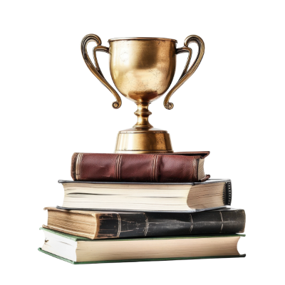 A trophy sitting on top of a pile of vintage books.