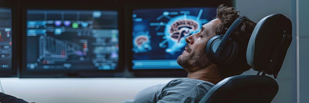 Man wearing headphones, relaxing in a high-tech lab with brain scan visuals on monitors.
