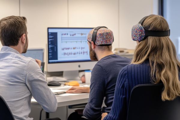 Researcher analyzing data on a computer screen while two participants wear brain-monitoring headsets.