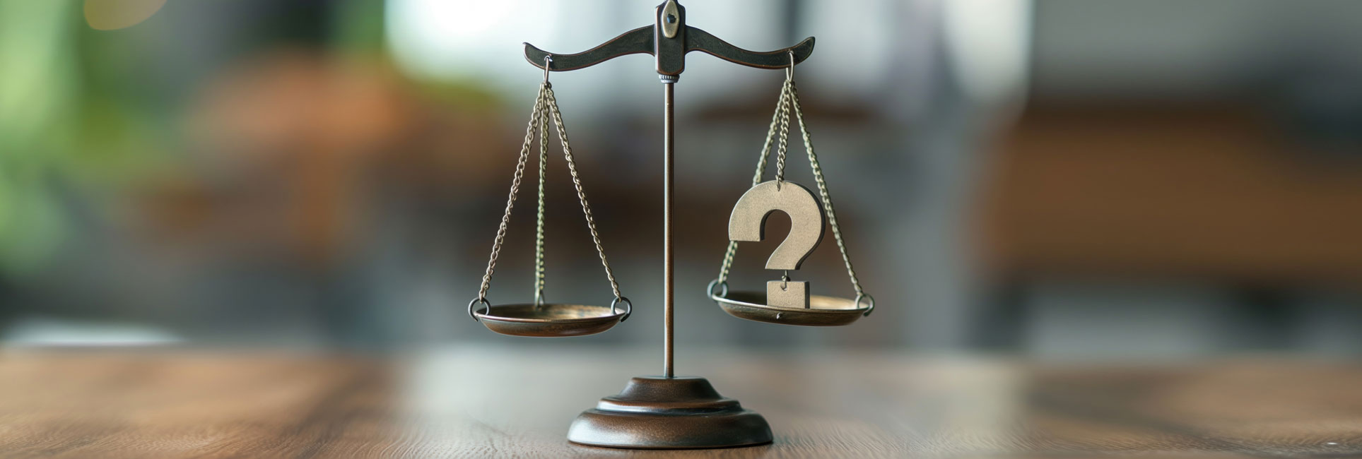 A symbolic image of a balance scale with a question mark on one side, representing uncertainty, decision-making, or legal inquiries.