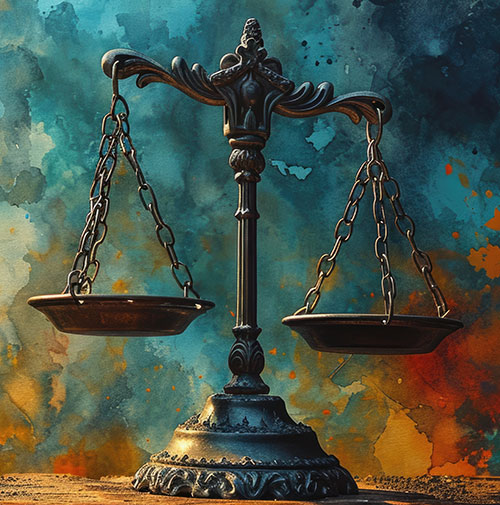 Painting of an ornate, antique balance scale with intricate details, set against a vibrant, artistic background with shades of blue and orange.