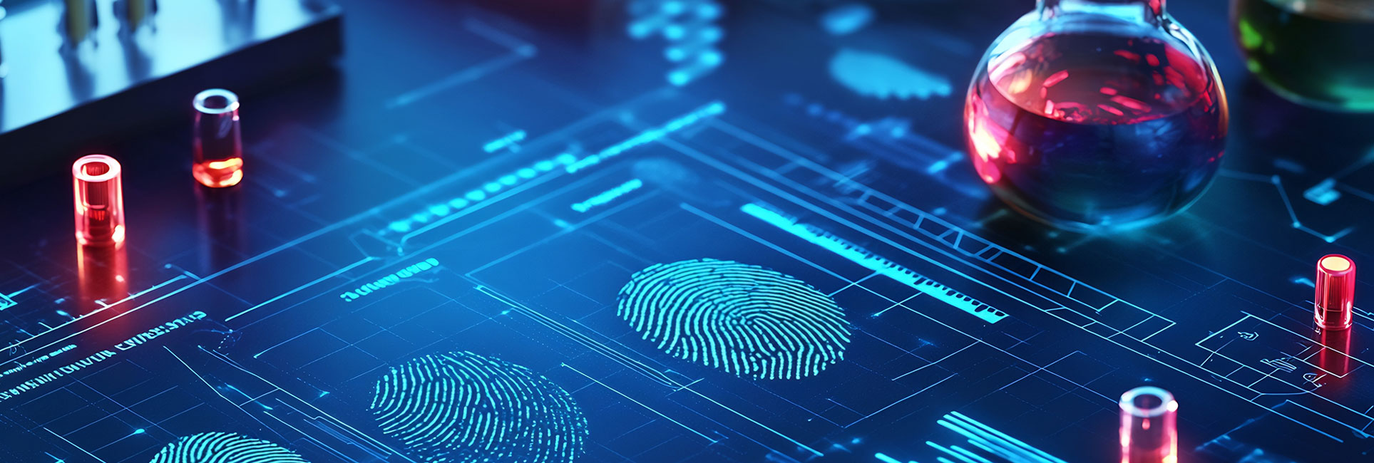 A digital forensic photo of analysis concept featuring fingerprint scans, laboratory vials, and a beaker with a red and blue liquid, symbolizing scientific investigation and research.
