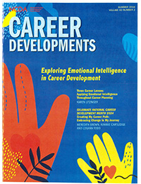A magazine cover titled Career Developments features a vibrant blue background with abstract illustrations of colorful hands in red, yellow, and blue, some with heart symbols.