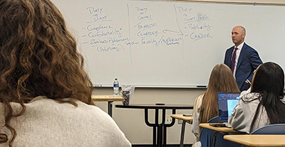 Mr. Justin O'Dell, Esq., provides a guest lecture to Dr. Crowder's Ethics in Criminal Justice class 
