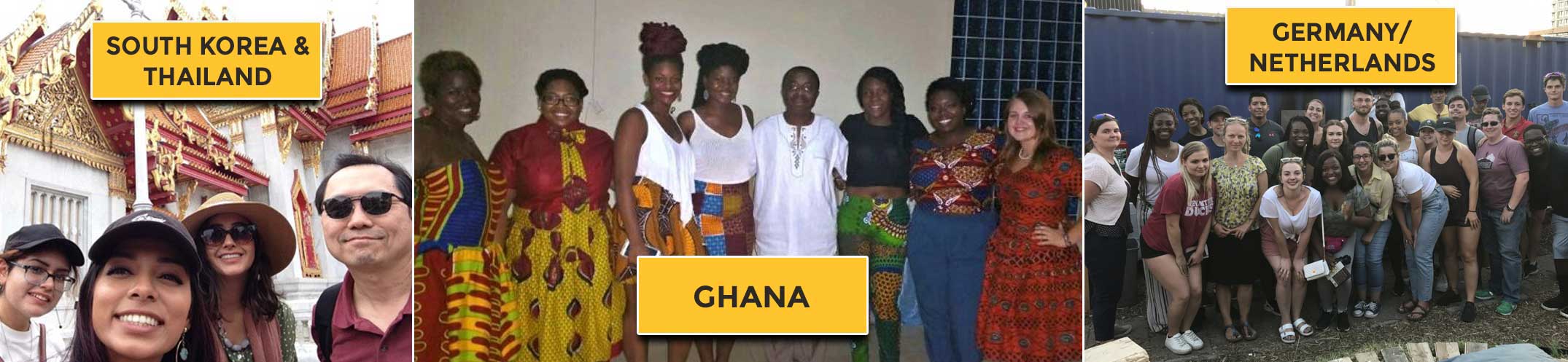 A dynamic collage of individuals from around the world, illustrating the cultural diversity and experiences of studying abroad. Each photo represents South Korea and Thailand, Ghana, Germany and the Netherlands