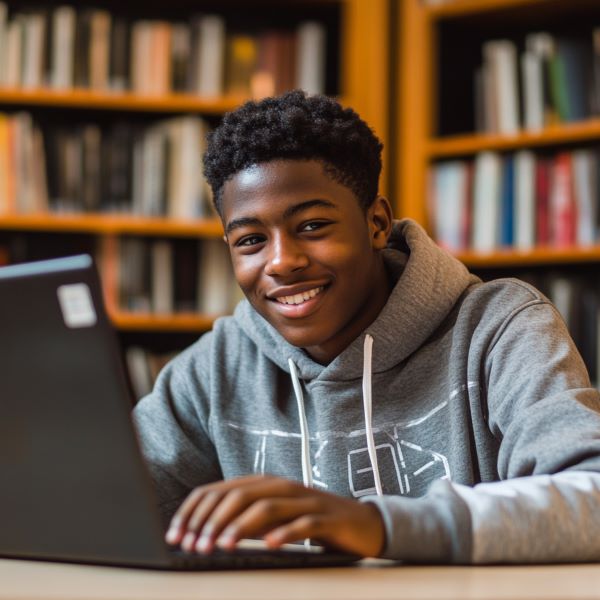 A boy smiling while using a laptop, in a library setting.