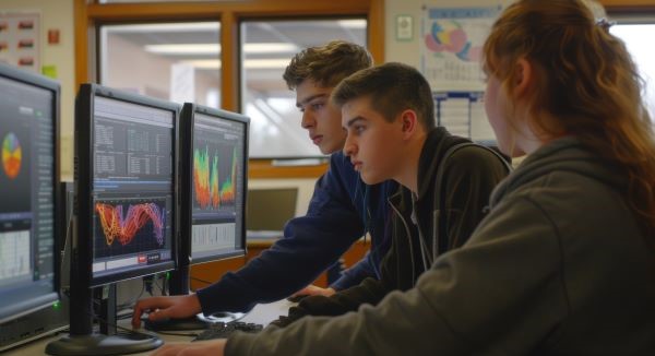 Three young individuals collaborating while analyzing data visualizations on computer screens.