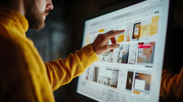 Person interacting with a touchscreen displaying a design portfolio.