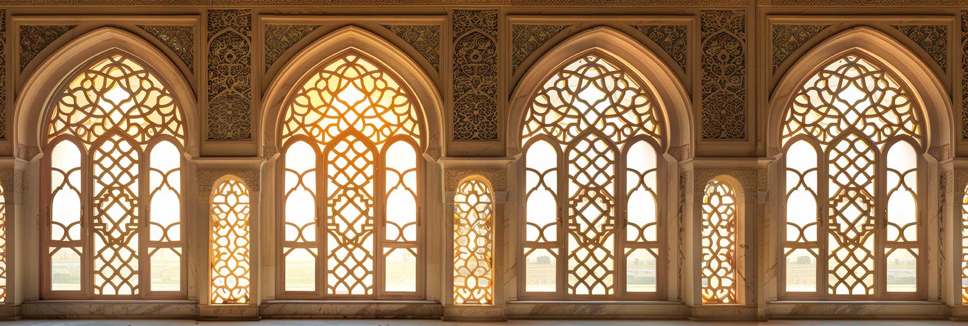 Beautiful Arabic window, mosque interior. A series of arched windows with intricate geometric lattice patterns allow soft, golden light to filter into the space