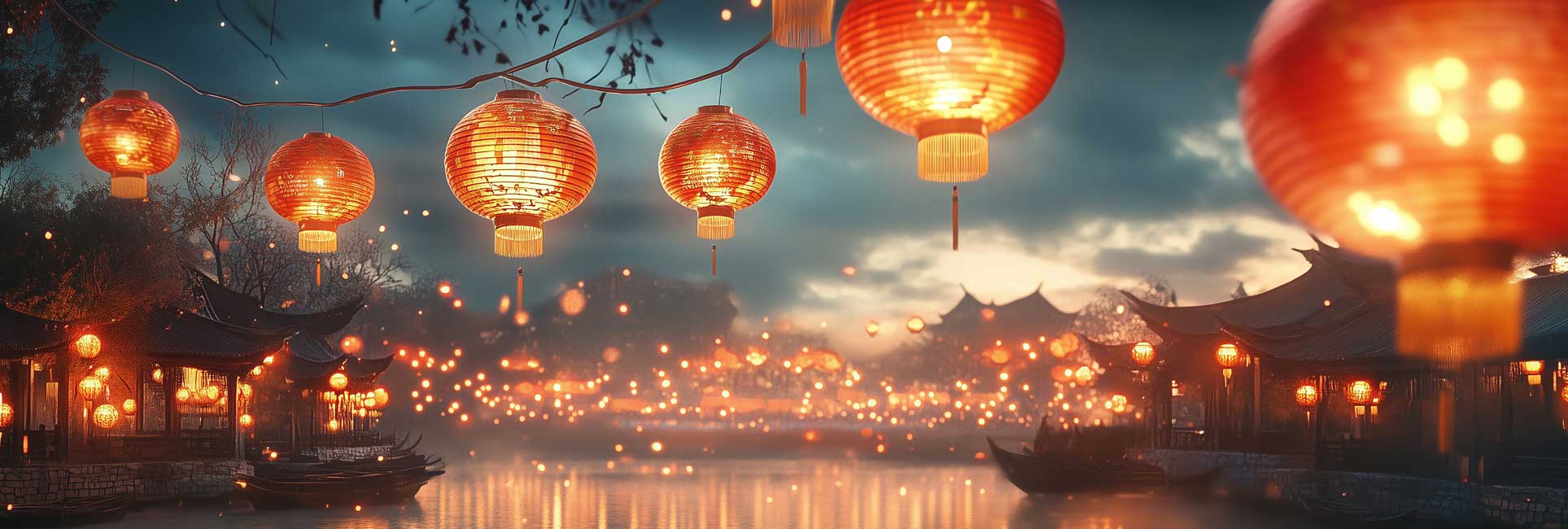 Chinese lanterns gently floating on the water, creating a serene and colorful reflection in the evening light.