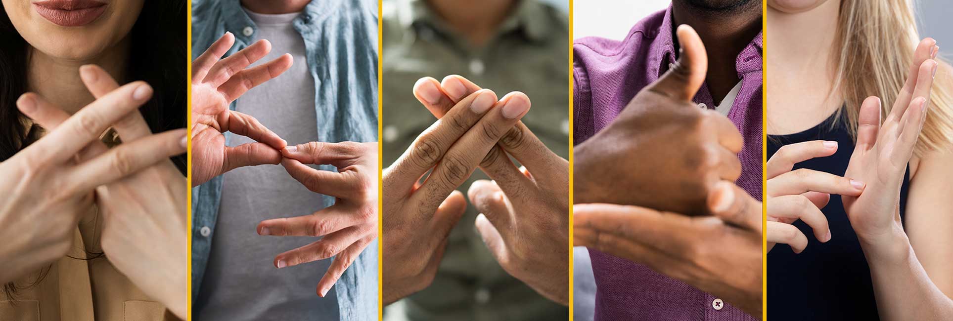A diverse group of individuals in a collage, each demonstrating Sign Language gestures, representing a variety of cultural expressions.