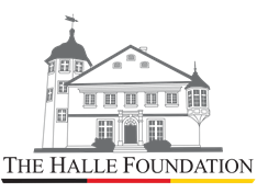 Logo for The Halle Foundation featuring a gray illustration of a historic-style building with a tower on the left and a bay window on the right. Beneath the illustration is the text ‘The Halle Foundation’ with a horizontal bar in black, red, and yellow.