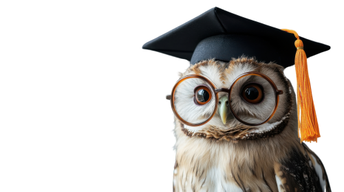 An owl wearing glasses and graduation cap.