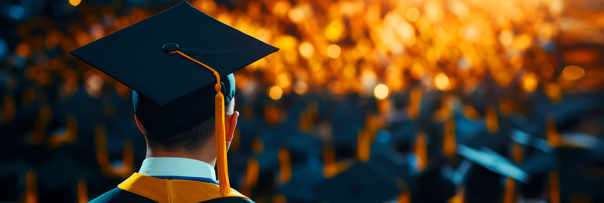 Commencement at Kennesaw State, grad student looking over a gold back ground of people