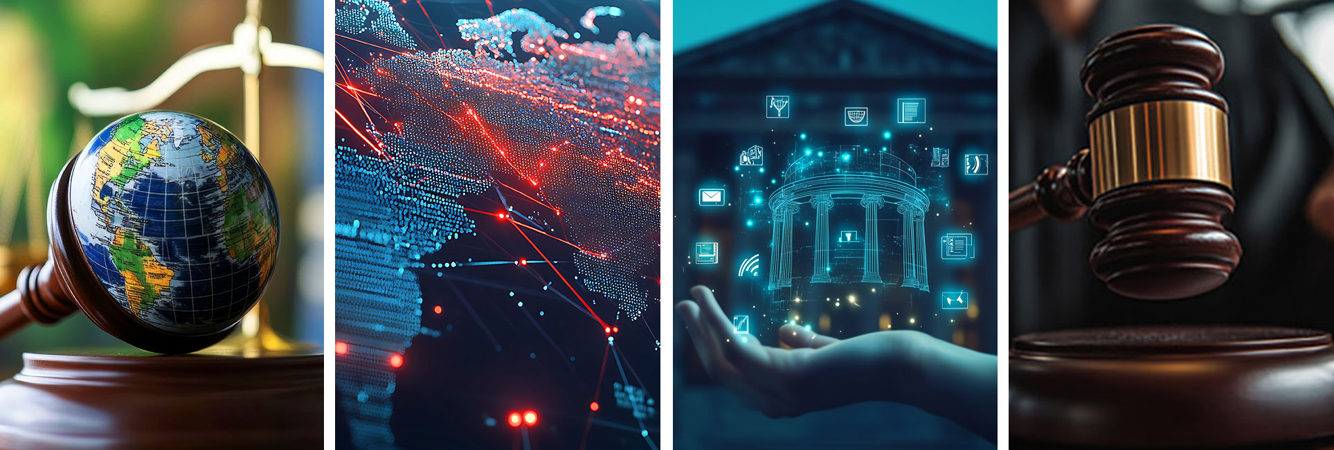 A visual collage displaying various law sectors, including criminal justice, technology, and communications