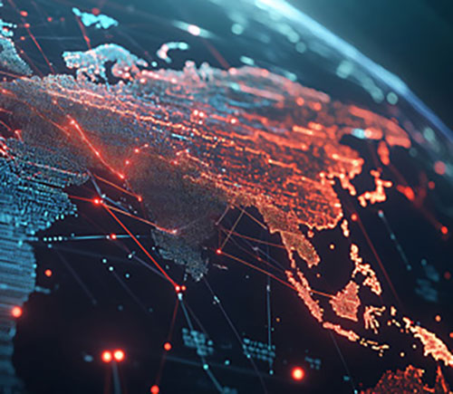 A graphic showing a web of lines and dots, illustrating the concept of global connectivity and interdependence.