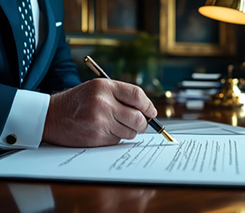 A man dressed in a suit is signing a document on a desk, representing a formal and professional writing.