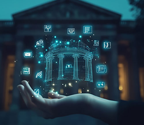 A hand holds a digital building icon, surrounded by social media and internet technology symbols, representing public administration.