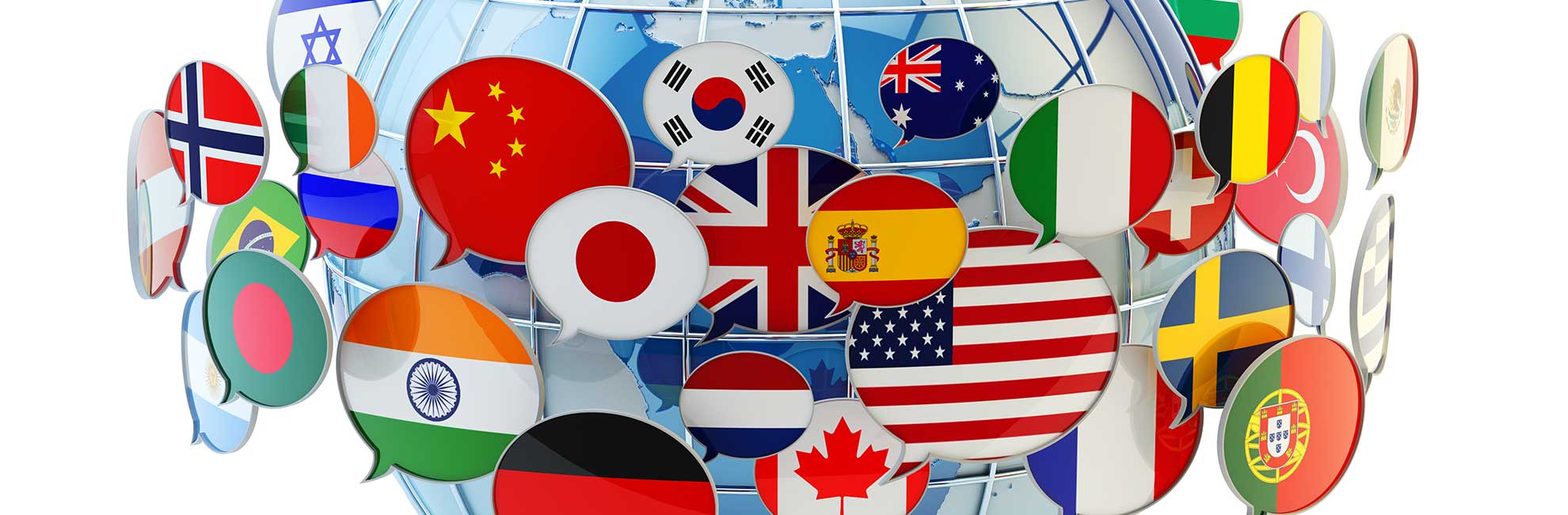 globe model surrounded with talk bubbles with international flags