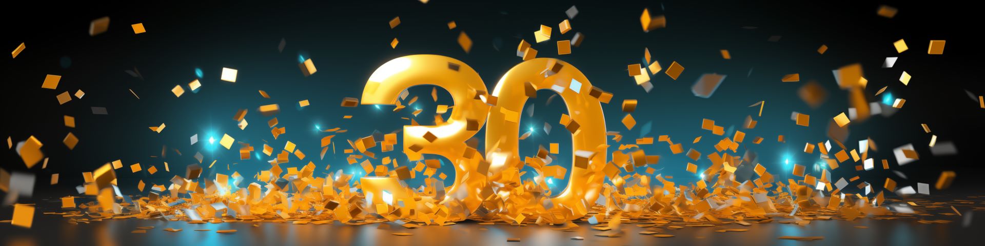 Gold number 30 surrounded by falling confetti.
