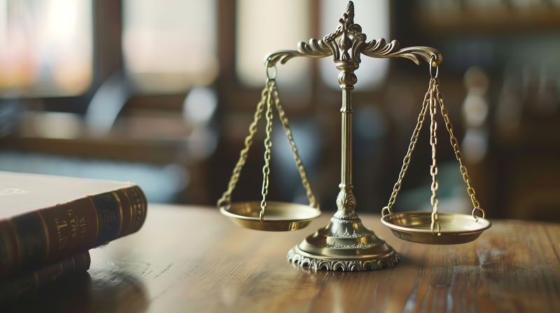 Brass scale and books on a desk