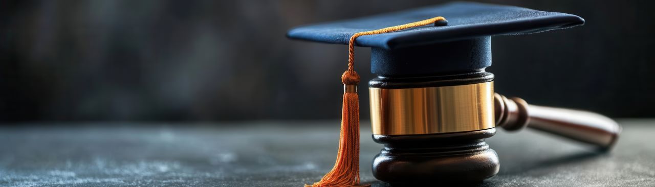 Graduation cap placed on a gavel, symbolizing the connection between education and law.