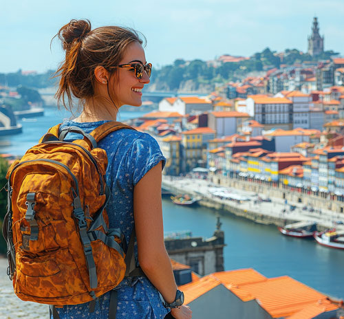 A woman with a backpack surveys a picturesque European city, immersed in thoughts of its cultural and historical context.