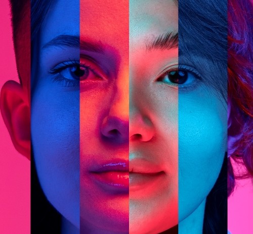 Composite portrait of multiple faces illuminated by red, blue, and purple lights