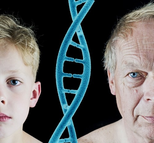 it image of an older and younger face with DNA strands between them, representing generational differences and genetic studies in aging.