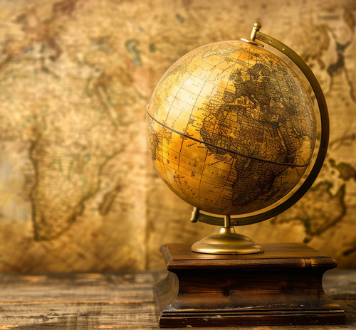 An antique globe resting on a wooden table, symbolizing the study of history and exploration of the world.