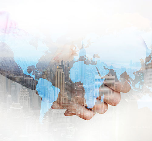 new york city skyline with global map and hands shaking layered above